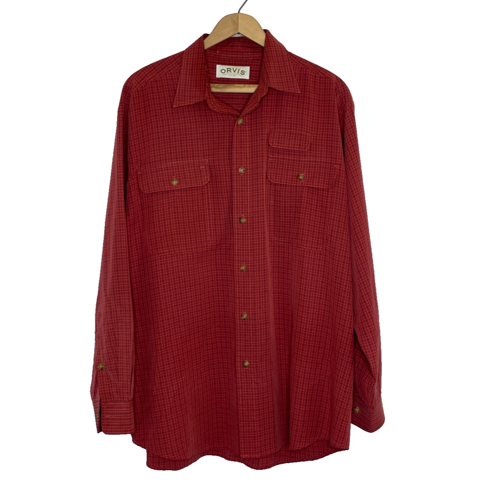 Men's Large Orvis Red Check Cotton Button Down Shirt
